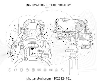 Future technologies in cosmos operations, automatics robot systems and innovations industry from awesome internet developments. Made in really geometry style with linear pictogram of future design