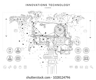 Future technologies in cosmos operations, automatics robot systems and innovations industry from awesome internet developments. Made in really geometry style with linear pictogram of future design