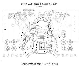 Future technologies in cosmos operations, automatics robot systems and innovations industry from awesome internet developments. Made in really geometry style with linear pictogram of future design