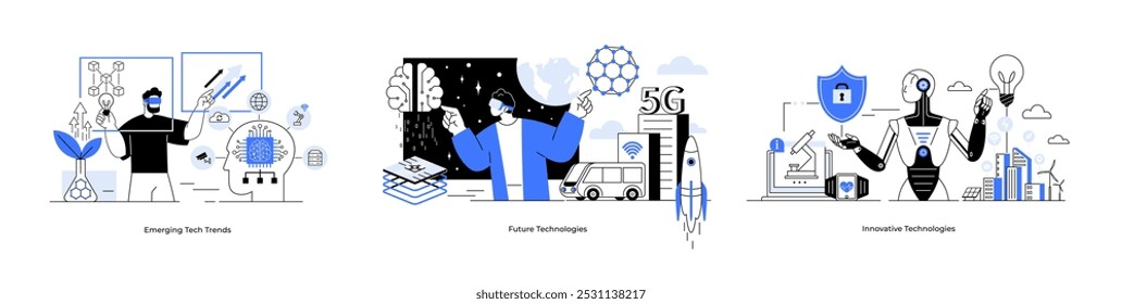 Tecnologias futuras tendências tecnológicas emergentes tecnologias inovadoras. As imagens incluem robótica, IA e paisagens urbanas futuristas. Ideal para tendências tecnológicas, avanços em IA, tecnologia futura, cidades inteligentes