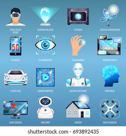 Future technologies icons with eco house, quantum computing, robots, 5g internet on blue background isolated vector illustration