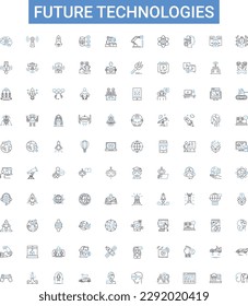 Future technologies outline icons collection. AI, Robotics, Automation, Virtual Reality, Quantum Computing, Augmented Reality, Biotechnology vector illustration set. Machine Learning, Nanotechnology