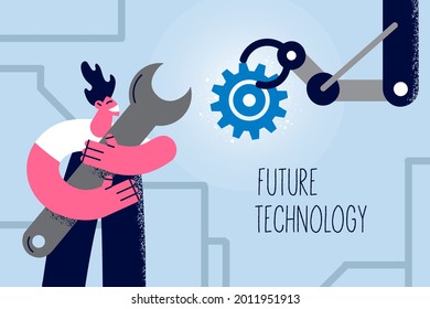Future technology and artificial intelligence concept. Smiling Man developer cartoon character standing working on project holding wrench button vector illustration