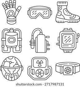 Iconos de la línea de tecnología y equipos de astronautas del futuro