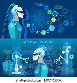 Future technology banner. Nanotechnologies, programming of robot, cyborg, artificial intelligence, microchips, people and computers vector art