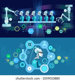 Future technology banner. Nanotechnologies, programming of robot, cyborg, artificial intelligence, microchips, people and computers vector art 