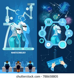 Future technology banner. Nanotechnologies, programming of robot, cyborg, artificial intelligence, microchips, people and computers 