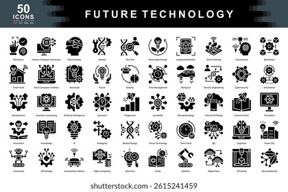 The Future Technology black icon set defines key drivers of innovation such as automation, intelligence, and connectivity, ideal for tech forecasting, digital transformation, and strategic planning.