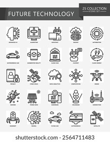 Future Technology black outline icons set. contain AI, algorithm, cloud, genome, nanobot, robot and more. Vector EPS 10 for print, digital UI, UX kit, web and app development for technology, education