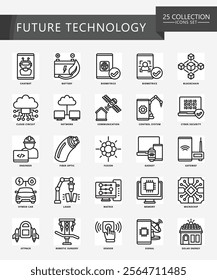 Future Technology black outline icons set. contain bot, blockchain, fiber, clout, chatbot, chip and more. Vector EPS 10 for print, digital UI, UX kit, web and app development for technology, education