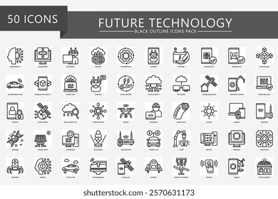 Future Technology black outline icons set. contain AI, algorithm, cloud, genome, nanobot, robot and more. Vector EPS 10 for print, digital UI, UX kit, web and app development for technology, education