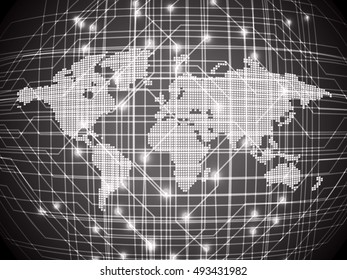 future technology, black world map cyber security concept background, abstract hi speed digital internet.motion move speed blur.