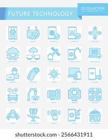 Future Technology blue color icons set. contain bot, blockchain, signal, fiber, cloud, chatbot, chip, server and more. Vector EPS 10 for print, digital UI, UX kit, web, app for technology, education