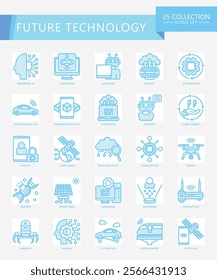 Future Technology blue color icons set. contain AI, algorithm, cloud, genome, nanobot, robot, bot, energy and more. Vector EPS 10 for print, digital UI, UX kit, web and app for technology, education.