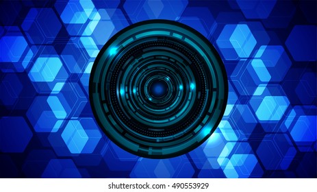future technology, blue eye cyber security concept background, abstract hi speed digital internet.motion move speed blur. grid Hexagon. eyeball