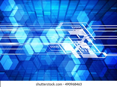 future technology, blue silver cyber security concept background, abstract hi speed digital internet.motion move speed blur. grid Hexagon. pixel