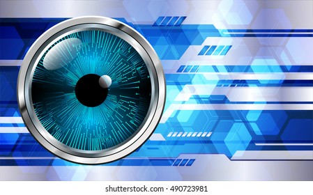 future technology, blue silver eye cyber security concept background, abstract hi speed digital internet.motion move speed blur. grid Hexagon. eyeball