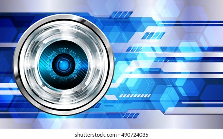 future technology, blue silver eye cyber security concept background, abstract hi speed digital internet.motion move speed blur. grid Hexagon. eyeball