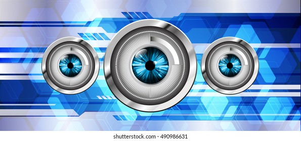 future technology, blue silver eye cyber security concept background, abstract hi speed digital internet.motion move speed blur. grid Hexagon. eyeball
