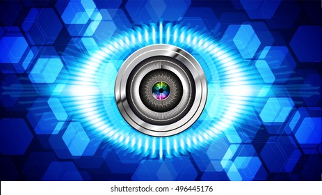 future technology, blue silver eye light cyber security concept background, abstract hi speed digital data internet website. motion move speed blur. vector eyeball. pixel