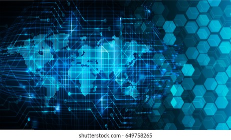 Future Technology, Blue World Map Cyber Security Concept Background, Abstract Hi Speed Digital Internet.motion Move Blur. Pixel. Vector