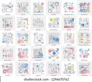 Future technology, business, cyber security, knowledge, online education, management, teamwork, social media, hosting, shopping, cloud data, startup concept complex gradient flat line vector icons.