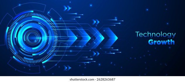 Tecnologias futuras e setas de crescimento da empresa no plano de fundo azul com efeitos de luz de néon e anéis para faixa de apresentação