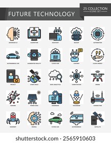 Future Technology colored outline icons set. contain AI, algorithm, cloud, genome, nanobot, robot, energy and more. Vector EPS 10 for print, digital UI, UX kit, web and app for technology, education.