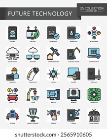 Future Technology colored outline icons set. contain bot, blockchain, signal, fiber, cloud, chatbot, server and more. Vector EPS 10 for print, digital UI, UX kit, web and app for technology, education