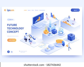 Future technology concept banner template. Work scene in futuristic office. Programmers develop on laptops, business data analysis, organization of team work on project. Vector character illustration