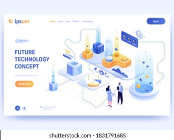 Future technology concept banner template. Scientists experiment in futuristic laboratory, process automation, abstract equipment, scientific research, innovation. Vector character illustration