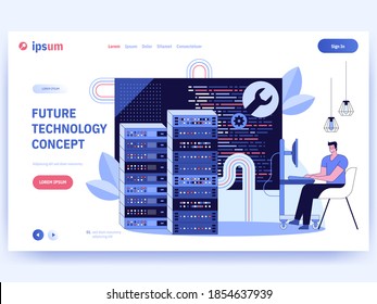 Plantilla de banner de concepto de tecnología futura. Numerosos programadores codifican en ordenadores, supervisan el funcionamiento de los servidores, el almacenamiento y la transmisión de datos, configuran y desarrollan. Ilustración de carácter de vector