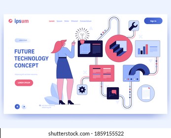 Future technology concept banner template. Woman developer working at organization process configures and develops programs or products, analyzes data statistics. Vector character illustration