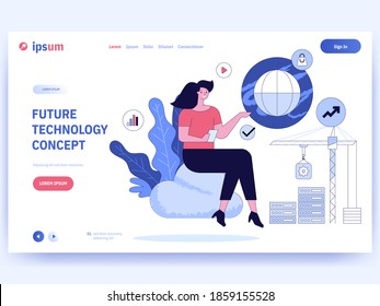 Future Technology Concept Banner Template. Woman Developer Works With Smartphone, Analyzes Data Statistics, Client Communication, Website Promotion Online Services. Vector Character Illustration