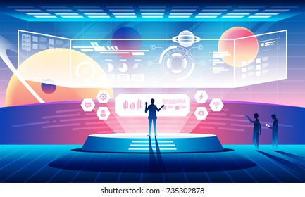 Future technology concept Man with amazing cosmic futuristic space virtual imaging background