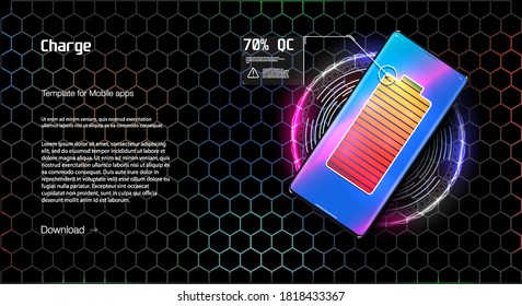 Future technology for convenient and quick charging. Smartphone fast battery charging in flat design style on colored background. Black smart phone on wireless charging device on blue background.