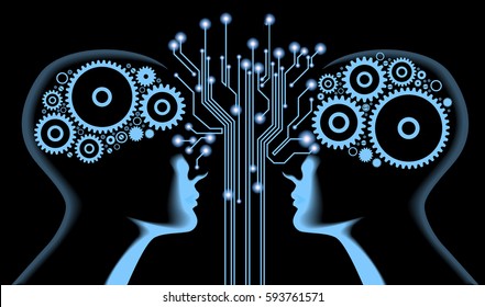 The future of technology. Cyber concept. Silhouette of man's head with the motherboard and gears. Artificial Intelligence. Vector eps10 illustration