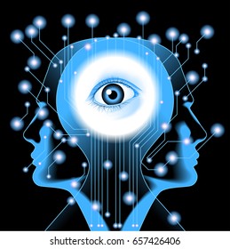 The future of technology. Cyber concept. Silhouette of man's head with the motherboard and Eyes. Artificial Intelligence. Vector eps10 illustration