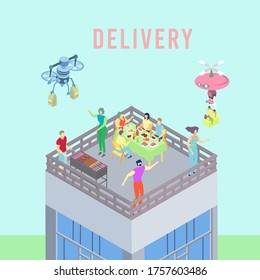 Future technology delivery service, online express mail supply 3d isometric vector illustration. Drone importation food order, character male female barbeque meat roof party, city skyscraper.
