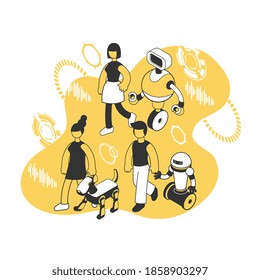 Future technology development with futuristic robots vector illustration