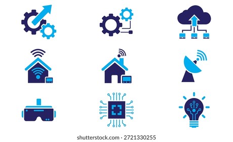 Conjunto de iconos de Tecnología e innovación digital del futuro: símbolos planos azul oscuro y cian para el hogar inteligente, la realidad virtual, el IoT y la electrónica avanzada.