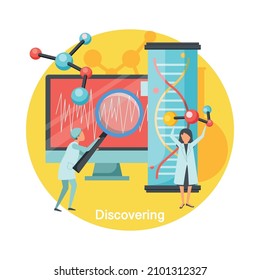 Future technology discovering flat concept icon with two scientists working in scientific laboratory vector illustration