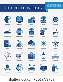 Future Technology dual tone icons set. contain AI, algorithm, cloud, genome, nanobot, robot, bot, energy and more. Vector EPS 10 for print, digital UI, UX kit, web and app for technology, education.