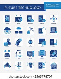 Future Technology dual tone icons set. contain bot, blockchain, signal, fiber, cloud, chatbot, chip, server and more. Vector EPS 10 for print, digital UI, UX kit, web and app for technology, education