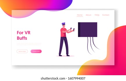 Future Technology Entertainment Industry Website Landing Page. Man Gamer Playing Video Game in VR Goggles Shooting with Guns. Gaming Virtual Reality Web Page Banner. Cartoon Flat Vector Illustration