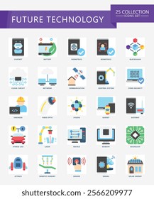 Future Technology flat color icons set. contain bot, blockchain, signal, fiber, cloud, chatbot, chip, server and more. Vector EPS 10 for print, digital UI, UX kit, web, app for technology, education