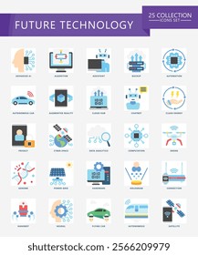 Future Technology flat color icons set. contain AI, algorithm, cloud, genome, nanobot, robot, bot, energy and more. Vector EPS 10 for print, digital UI, UX kit, web and app for technology, education.