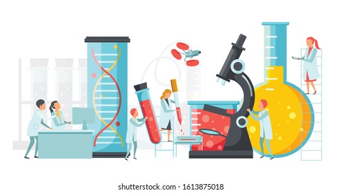 Future technology flat composition with human characters of young scientists surrounded by pieces of laboratory equipment vector illustration