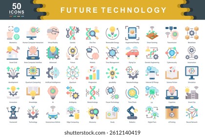 The Future Technology flat icon set defines key drivers of innovation such as automation, intelligence, and connectivity, ideal for tech forecasting, digital transformation, and strategic planning.