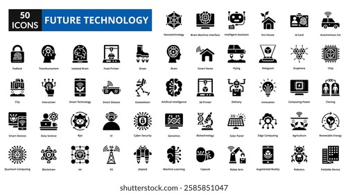 Future Technology glyph icon collection set. Includes future, technology, tech, digital, innovation, futuristic, network, internet, artificial intelligence, 